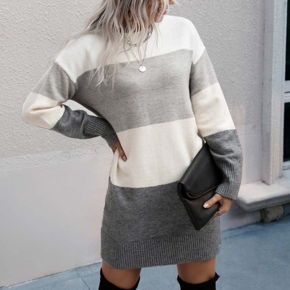 Cozy Grey Color Block Knit Sweater Dress Minimalist - Picture 2 of 4
